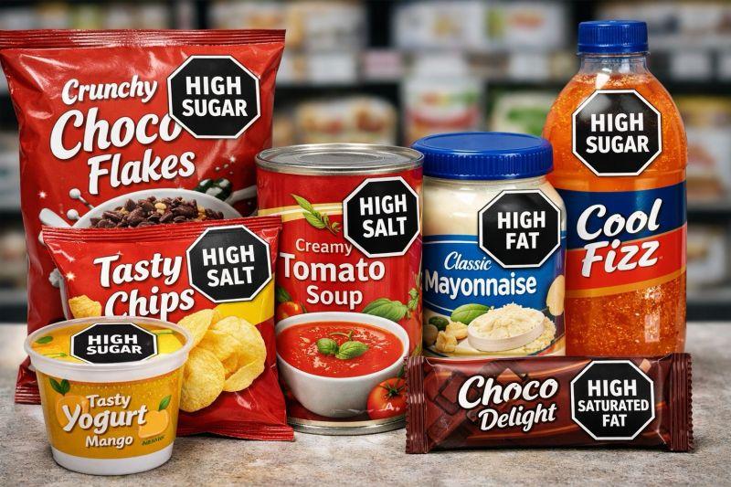 Illustration of packaged foods each marked with a black octagonal warning label for high sugar, salt, fat or saturated fat.